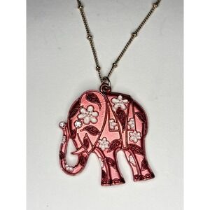 Pink Elephant Charm Necklace White Enamel Rhinestone Gold Tone Station Chain 32"
